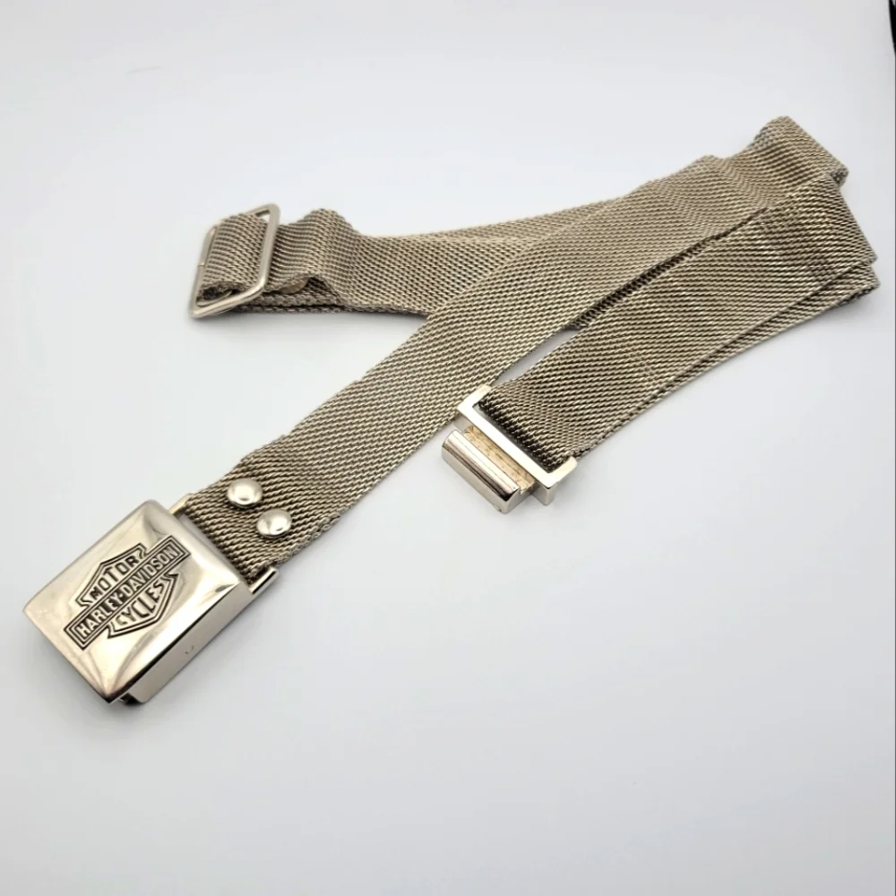 Vintage Harley‑Davidson Mesh Belt with Seat‑Belt‑Style Buckle in Silver Tone - Picture 2 of 11